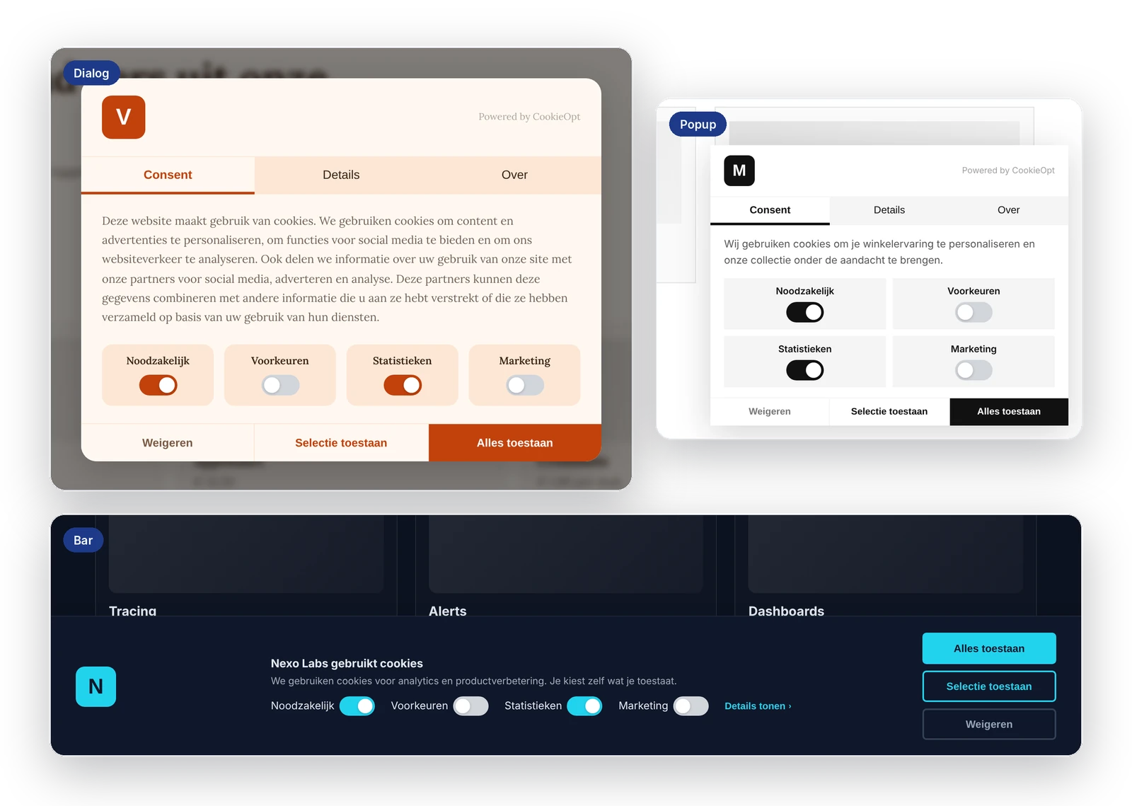 Drie cookiebanners van CookieOpt in de huisstijl van verschillende merken: als dialog, popup en bar
